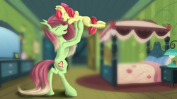 Size: 2200x1237 | Tagged: safe, artist:kopaleo, apple bloom, oc, oc:artline, earth pony, pony, g4, bed, bedroom, bipedal, cottagecore, cute, eyes closed, female, filly, foal, happy, holding a pony, hoof hold, mare, open mouth, open smile, smiling