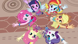 Size: 480x270 | Tagged: safe, applejack, fluttershy, pinkie pie, rainbow dash, rarity, twilight sparkle, alicorn, equestria girls, g4, my little pony equestria girls: rainbow rocks, commercial, female, magic of friendship (rainbow rocks), mane six, ponied up, twilight sparkle (alicorn)