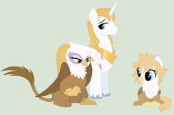 Size: 900x597 | Tagged: safe, artist:simplybritish, gilda, prince blueblood, classical hippogriff, griffon, hippogriff, hybrid, g4, alternate hairstyle, female, frown, gildablood, glare, interspecies offspring, male, offspring, parent:gilda, parent:prince blueblood, parents:gildablood, shipping, sitting, smiling, straight