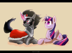 Size: 1500x1100 | Tagged: safe, artist:patty-plmh, king sombra, twilight sparkle, alicorn, pony, g4, blushing, female, male, mare, ship:twibra, shipping, smiling, straight, tsundere, twilight sparkle (alicorn)