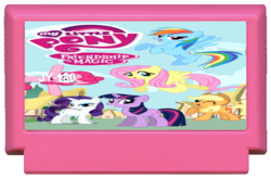 Size: 613x405 | Tagged: safe, artist:segagenesis4100, applejack, fluttershy, pinkie pie, rainbow dash, rarity, twilight sparkle, g4, bootleg, cartridge, fake, famicom, hummer team, jy company, mane six, mockup, my little pony logo, parody, pirated, unlicensed, video game, wrong aspect ratio