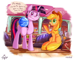 Size: 1280x1019 | Tagged: dead source, safe, artist:jowyb, allie way, applejack, twilight sparkle, alicorn, earth pony, pony, twijack weekly, g4, :p, bowling, bowling alley, bowling ball, fancy mathematics, female, lesbian, mare, math, misspelling, raised hoof, ship:twijack, shipping, thought bubble, tongue out, twilight sparkle (alicorn)