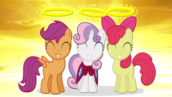 Size: 1920x1080 | Tagged: safe, artist:barrfind, artist:canon-lb, edit, apple bloom, scootaloo, sweetie belle, earth pony, pony, unicorn, g4, cape, clothes, cute, cutie mark crusaders, emblem, female, filly, halo, logo, smiling, trio, vector, wallpaper, wallpaper edit