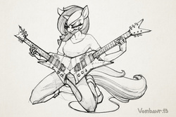 Size: 1280x853 | Tagged: safe, artist:vombavr, lyra heartstrings, anthro, g4, double guitar, guitar, monochrome