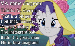 Size: 1094x668 | Tagged: safe, edit, edited screencap, screencap, rarity, g4, sweet and elite, anagram, caption, cropped, tabitha st. germain, text