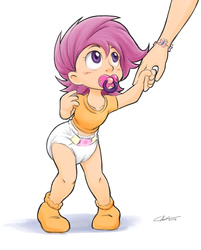 Size: 1256x1560 | Tagged: safe, artist:the-padded-room, fluttershy, scootaloo, human, g4, baby, blushing, clothes, cute, cutealoo, diaper, fluttermom, hand, holding hands, humanized, pacifier, poofy diaper, socks