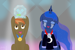 Size: 3000x2000 | Tagged: safe, artist:phallen1, button mash, princess luna, gamer luna, g4, clothes, colt, crying, duo, female, foal, high res, male, mare, medal, newbie artist training grounds, smiling, t-shirt, tears of joy, trophy, video game championship