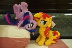 Size: 2544x1696 | Tagged: safe, artist:dynasty-dawn, sunset shimmer, twilight sparkle, alicorn, pony, unicorn, g4, female, irl, kissing, lesbian, photo, plushie, ship:sunsetsparkle, shipping, twilight sparkle (alicorn)