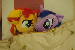 Size: 1095x730 | Tagged: safe, artist:dynasty-dawn, sunset shimmer, twilight sparkle, pony, unicorn, g4, bed, female, irl, lesbian, photo, plushie, ship:sunsetsparkle, shipping