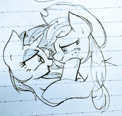 Size: 976x935 | Tagged: safe, artist:potetecyu_to, applejack, rarity, g4, crying, female, lesbian, lined paper, monochrome, scrunchy face, ship:rarijack, shipping, traditional art