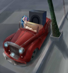 Size: 1024x1092 | Tagged: dead source, safe, artist:kora, dj pon-3, vinyl scratch, g4, car, female, solo