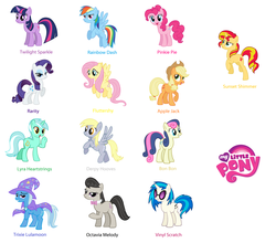 Size: 5584x4904 | Tagged: safe, applejack, bon bon, derpy hooves, dj pon-3, fluttershy, lyra heartstrings, octavia melody, pinkie pie, rainbow dash, rarity, sunset shimmer, sweetie drops, trixie, twilight sparkle, vinyl scratch, earth pony, pony, g4, absurd resolution, alternate mane seven, background five, mane six