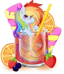 Size: 2008x2296 | Tagged: dead source, safe, artist:teranen, rainbow dash, pegasus, pony, g4, blueberry, candy, colored pupils, cup of pony, cute, drink, eye clipping through hair, female, food, glass, heart eyes, high res, looking at you, mare, micro, popsicle, signature, solo, strawberry, tongue out, wingding eyes
