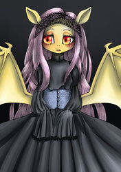 Size: 1748x2480 | Tagged: safe, artist:unousaya, fluttershy, bat pony, pony, g4, bat ponified, bipedal, clothes, dress, female, flutterbat, gothic, headdress, race swap, solo