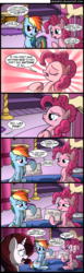 Size: 800x2604 | Tagged: dead source, safe, artist:veggie55, pinkie pie, rainbow dash, rarity, earth pony, pegasus, pony, unicorn, g4, alternate hair color, awkward, carousel boutique, comic, dialogue, eyes closed, floppy ears, frown, grin, hair dye, hoof hold, mane dye, open mouth, out of context, raised eyebrow, raised hoof, sign, sitting, smirk, speech bubble, wide eyes