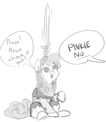Size: 1280x1473 | Tagged: safe, artist:nobody, pinkie pie, g4, armor, balancing, chainmail, clothes, dialogue, looking up, monochrome, open mouth, raised hoof, sitting, sketch, smiling, sword, this will end in tears and/or death
