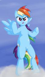 Size: 589x1000 | Tagged: safe, artist:lkweb, rainbow dash, pegasus, pony, g4, bipedal, cloud, female, fight, gimp, mare, open mouth, signature, sky, solo, wings