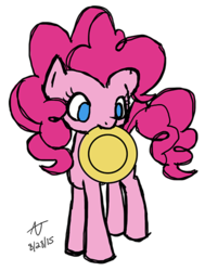 Size: 403x533 | Tagged: safe, artist:howlsinthedistance, pinkie pie, earth pony, pony, g4, female, frisbee, mouth hold, solo