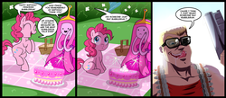Size: 1500x656 | Tagged: safe, artist:madmax, pinkie pie, earth pony, human, pony, g4, 3 panel comic, adventure time, bueno, bullet belt, cake, comic, crossover, duke nukem, female, male, mare, picnic, princess bubblegum, speech bubble, this will end in tears and/or death