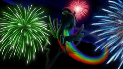 Size: 1366x768 | Tagged: safe, artist:yalcahoon, rainbow dash, g4, eyes closed, female, fireworks, flying, solo