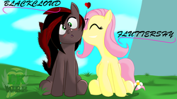 Size: 1000x562 | Tagged: safe, artist:lkweb, fluttershy, oc, oc:blackcloud, g4, canon x oc, cute, shipping