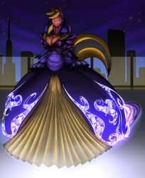 Size: 1047x1280 | Tagged: safe, artist:toughset, oc, oc only, oc:help desk, anthro, anthro oc, balcony, city, cityscape, clothes, dress, futuristic, glasses, gloves, gown, hologram, hood, night, solo