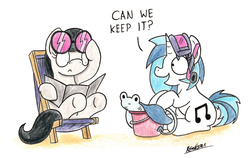 Size: 2014x1270 | Tagged: safe, artist:bobthedalek, dj pon-3, octavia melody, vinyl scratch, earth pony, fish, pony, unicorn, g4, beach, beach chair, bucket, chair, goggles, signature, snorkel, stingray, swim mask, traditional art