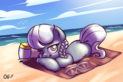 Size: 1000x667 | Tagged: safe, artist:tadashi--kun, silver spoon, earth pony, pony, g4, beach, cloud, cute, female, filly, glasses, looking at you, ocean, silverbetes, solo, water