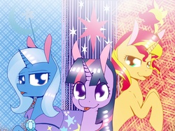 Size: 2048x1536 | Tagged: safe, artist:sunlight12, sunset shimmer, trixie, twilight sparkle, pony, g4, counterparts, magical trio, tongue out, twilight's counterparts