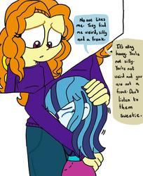 Size: 627x768 | Tagged: safe, artist:shonatabeata, adagio dazzle, sonata dusk, equestria girls, g4, clothes, crying, dialogue, duo, eyes closed, hand on head, hug, mamadagio, simple background, white background