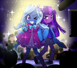 Size: 900x800 | Tagged: safe, artist:quizia, trixie, twilight sparkle, human, g4, clothes, cute, dress, humanized, pleated skirt, shoes, skirt, stage, younger