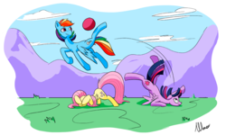 Size: 1200x720 | Tagged: safe, artist:alloco, fluttershy, rainbow dash, twilight sparkle, alicorn, pony, g4, ball, female, mare, twilight sparkle (alicorn)