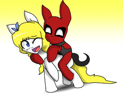 Size: 1300x1000 | Tagged: safe, artist:oscarndraw, oc, oc:frolic, deadpool, ponies riding ponies, ponified, riding