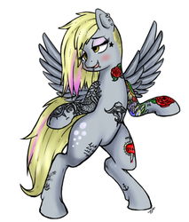 Size: 882x1035 | Tagged: safe, artist:silver1kunai, derpy hooves, pony, g4, alternate hairstyle, bipedal, blushing, dyed mane, female, haircut, piercing, punk, solo, tattoo, undercut, underp