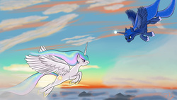 Size: 2880x1620 | Tagged: safe, artist:spaz-featherbrain, princess celestia, princess luna, g4, cloud, cloudy, glowing horn, horn, sibling rivalry