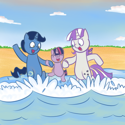 Size: 1000x1000 | Tagged: safe, artist:chrisrainicorn, night light, twilight sparkle, twilight velvet, g4, beach, father and daughter, foal, mother and daughter, younger