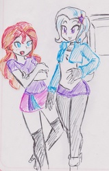 Size: 1463x2294 | Tagged: safe, artist:elgatosabio, sunset shimmer, trixie, equestria girls, g4, duo, female, traditional art