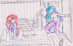 Size: 2191x1403 | Tagged: safe, artist:elgatosabio, princess celestia, principal celestia, sunset shimmer, equestria girls, g4, bed, broom, duo, female, gym, implied lesbian, implied sunsestia, lined paper, question mark, traditional art