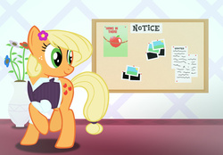 Size: 3000x2089 | Tagged: safe, artist:darthlena, applejack, g4, alternate hairstyle, businessmare, female, hang in there, hanging, high res, professionalism, solo