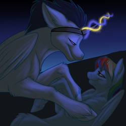 Size: 3300x3300 | Tagged: safe, artist:foxenawolf, rainbow dash, soarin', pony, fanfic:piercing the heavens, g4, bedroom eyes, fake horn, fanfic, fanfic art, female, glowing horn, high res, horn, magic, male, romance, ship:soarindash, shipping, straight, wonderbolts