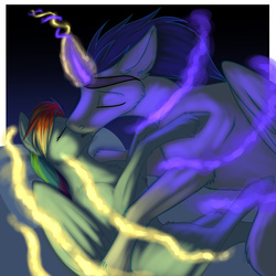 Size: 3300x3300 | Tagged: safe, artist:foxenawolf, rainbow dash, soarin', pony, fanfic:piercing the heavens, g4, fake horn, fanfic, fanfic art, female, glowing horn, high res, horn, kissing, magic, male, romance, ship:soarindash, shipping, straight