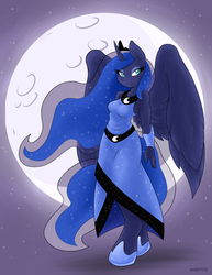 Size: 1275x1650 | Tagged: safe, artist:ambris, princess luna, alicorn, anthro, unguligrade anthro, g4, bedroom eyes, clothes, colored pupils, curved horn, dress, female, horn, looking at you, moon, solo