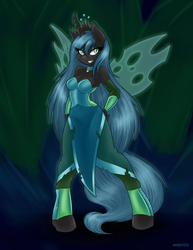 Size: 1275x1650 | Tagged: safe, artist:ambris, queen chrysalis, changeling, changeling queen, anthro, unguligrade anthro, g4, bedroom eyes, clothes, colored pupils, crown, dress, female, hand on hip, jewelry, looking at you, regalia, smiling, solo