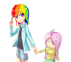 Size: 1112x973 | Tagged: safe, artist:jumboz95, fluttershy, rainbow dash, human, g4, clothes, humanized, size difference, sweater, sweatershy