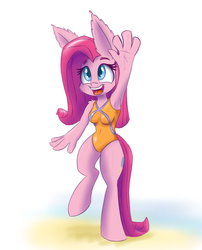 Size: 850x1052 | Tagged: safe, artist:heir-of-rick, pinkie pie, earth pony, anthro, unguligrade anthro, g4, alternate hairstyle, armpits, clothes, female, hoof hands, impossibly large ears, newbie artist training grounds, one-piece swimsuit, smiling, solo, swimsuit, waving