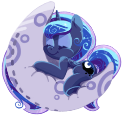Size: 1000x1000 | Tagged: safe, artist:erica693992, princess luna, g4, chibi, cute, embrace, female, filly, moon, sleeping, solo, watermark, woona