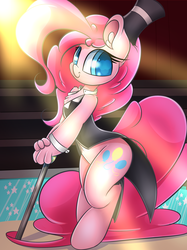 Size: 2500x3350 | Tagged: safe, artist:madacon, pinkie pie, earth pony, pony, anthro, unguligrade anthro, g4, cane, chest fluff, circus, clothes, cute, diapinkes, ear fluff, female, hat, high res, looking at you, mare, outfit, ringmaster, smiling, solo, tailcoat, top hat