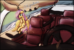 Size: 3000x2037 | Tagged: safe, artist:tiothebeetle, fluttershy, keychain pony, g4, blind bag, car, car interior, chains, driving, female, high res, keychain, mercedes-benz, rear view mirror, scared, solo, toy