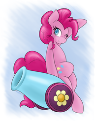 Size: 1275x1650 | Tagged: dead source, safe, artist:ambris, pinkie pie, earth pony, pony, g4, blushing, colored pupils, cute, diapinkes, female, mare, one eye closed, party cannon, solo, wink