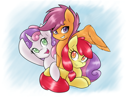 Size: 1650x1275 | Tagged: safe, artist:ambris, apple bloom, scootaloo, sweetie belle, earth pony, pegasus, pony, unicorn, g4, bow, colored pupils, cute, cutie mark crusaders, female, filly, hair bow, looking at you, missing accessory, open mouth, prone, smiling, trio